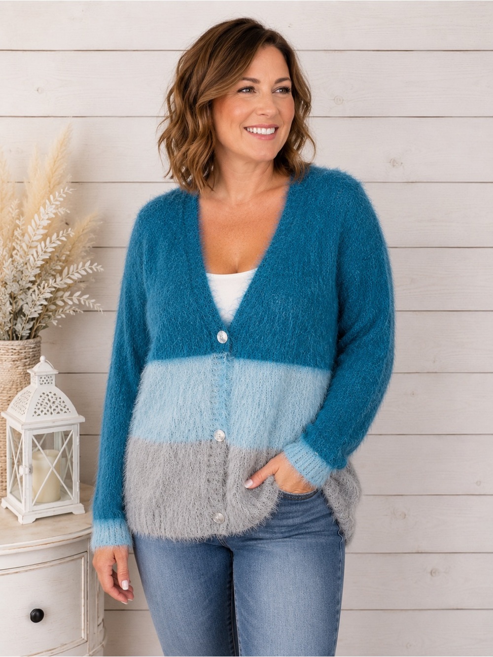 Venus Blue Ombre Eyelash Knit Cardigan Button Front Cozy Fuzzy Sweater M